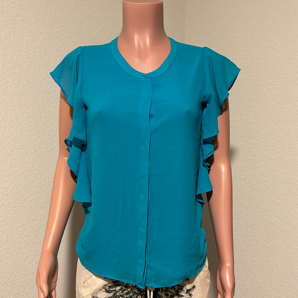 Sheer Ruffle Blue Roz & Ali Blouse (XS)